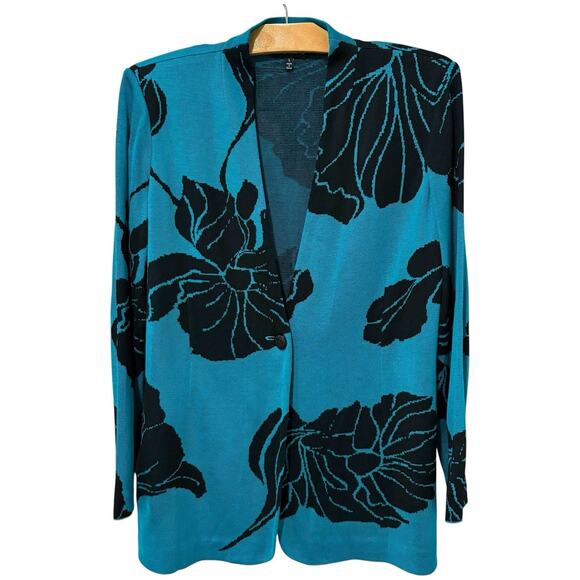 Ming Wang | Cardigan Sweater Blue Black Floral Long Sleeve- Size Large - Picture 1 of 9